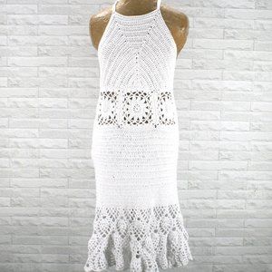 HAND CRAFTED Crochet Dress Halter White Cotton Wedding Coastal Cowgirl Bridal